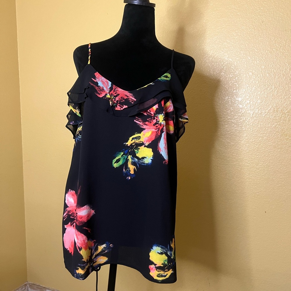 Black Floral Ruffle Spaghetti-Strap Camisole